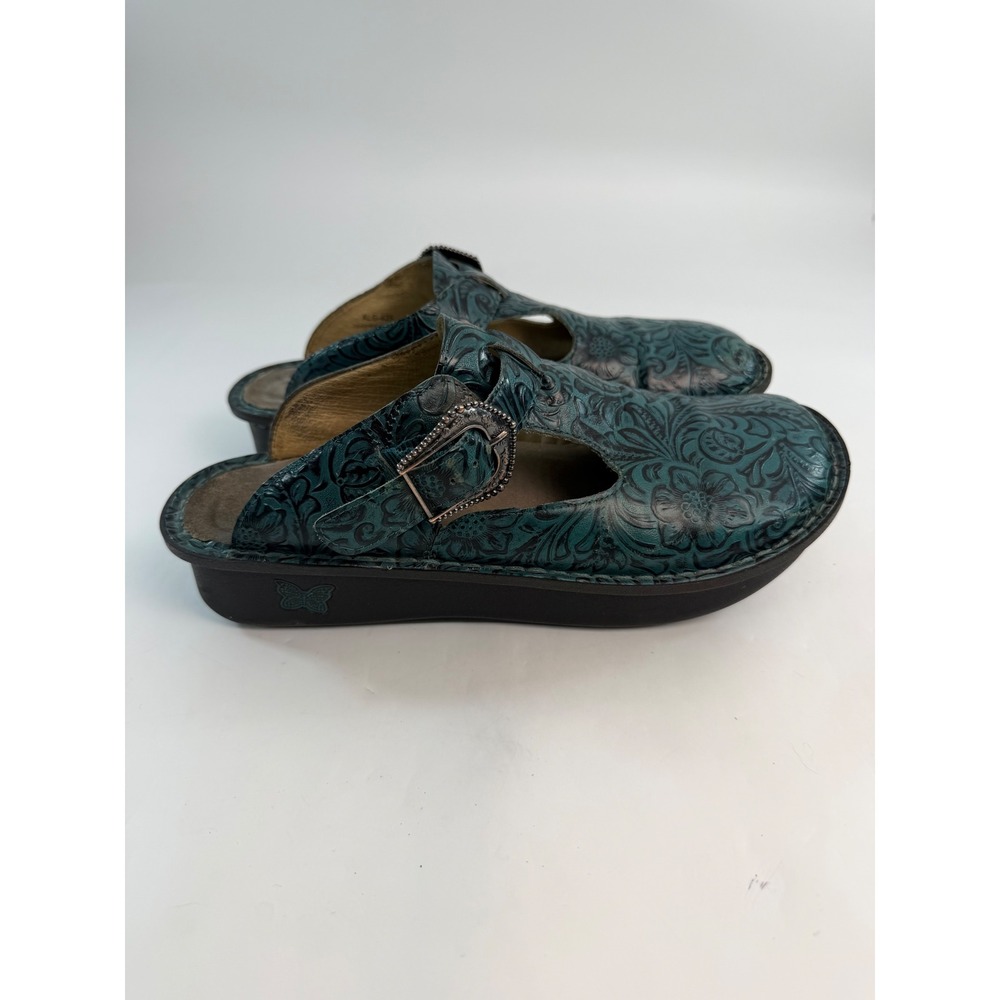 Alegria Keli Teal Floral Tooled Leather Professional Clogs Buckle Strap Womens - Picture 5 of 6